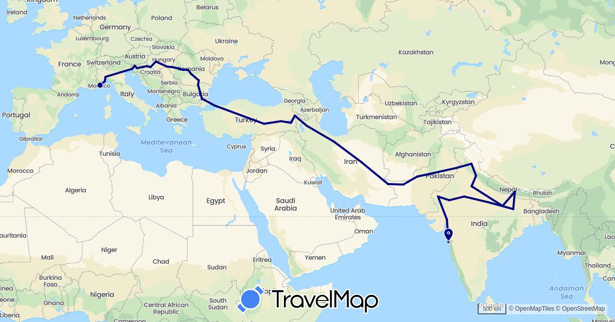 TravelMap itinerary: driving in Bulgaria, Croatia, Hungary, India, Iran, Italy, Nepal, Pakistan, Romania, Slovenia, Turkey (Asia, Europe)